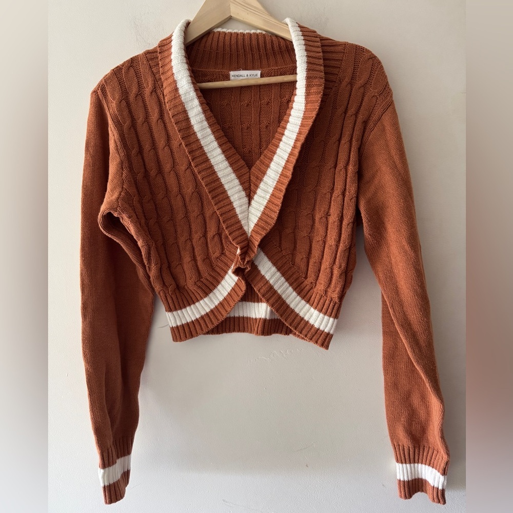 Kendall & Kylie Rust Brown Varsity Crop Sweater White Stripe Knit